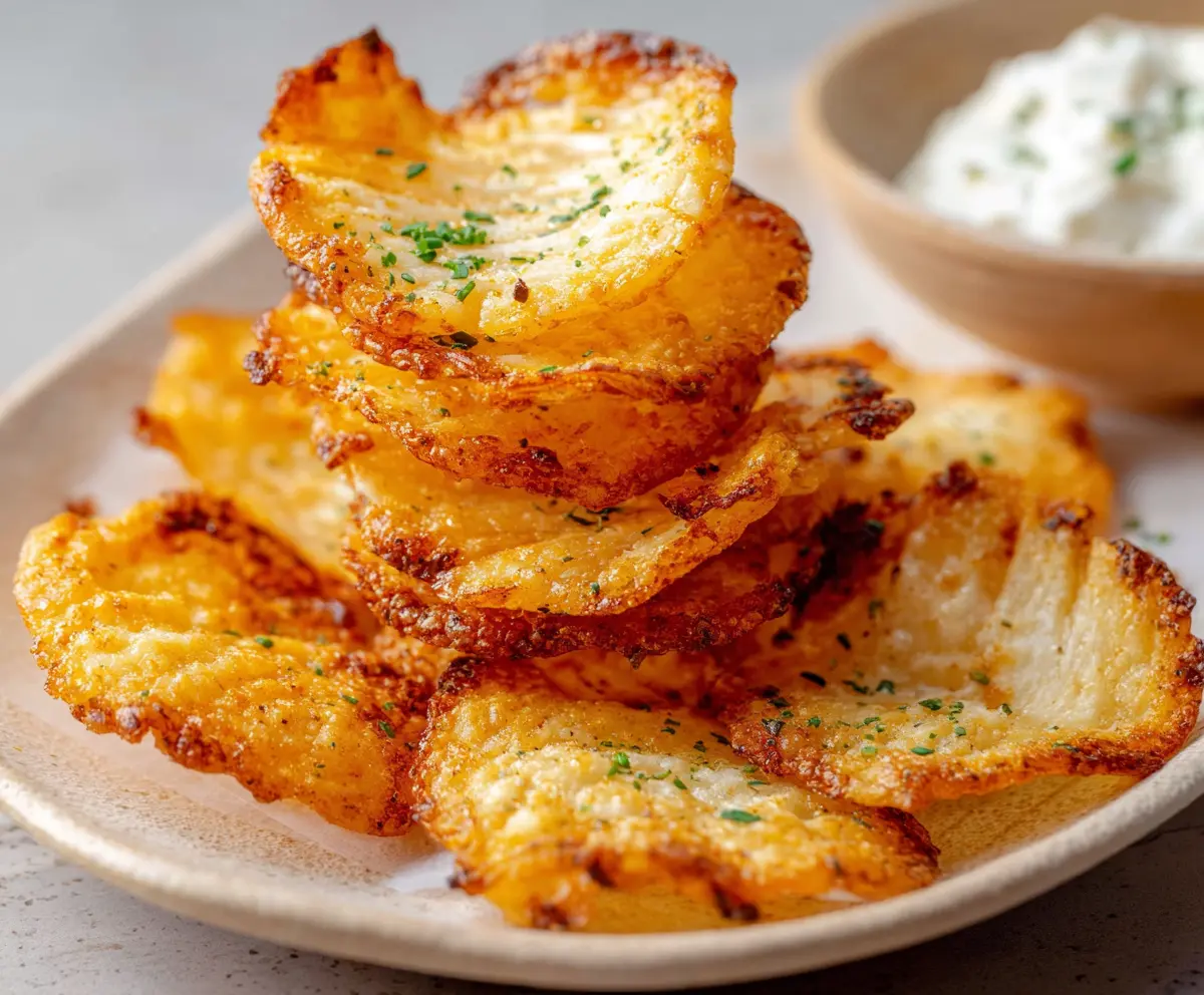 Crispy homemade cottage cheese chips served with fresh herbs on a rustic plate.