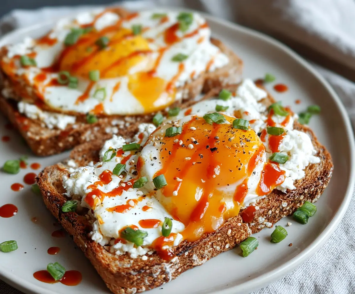 Delicious cottage cheese, egg, and Sriracha protein toast arranged on a plate, perfect for a healthy breakfast.