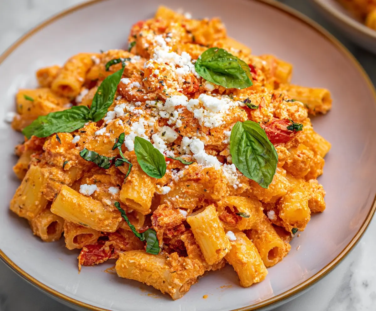 Creamy cottage cheese tomato pasta garnished with fresh herbs on a white plate.