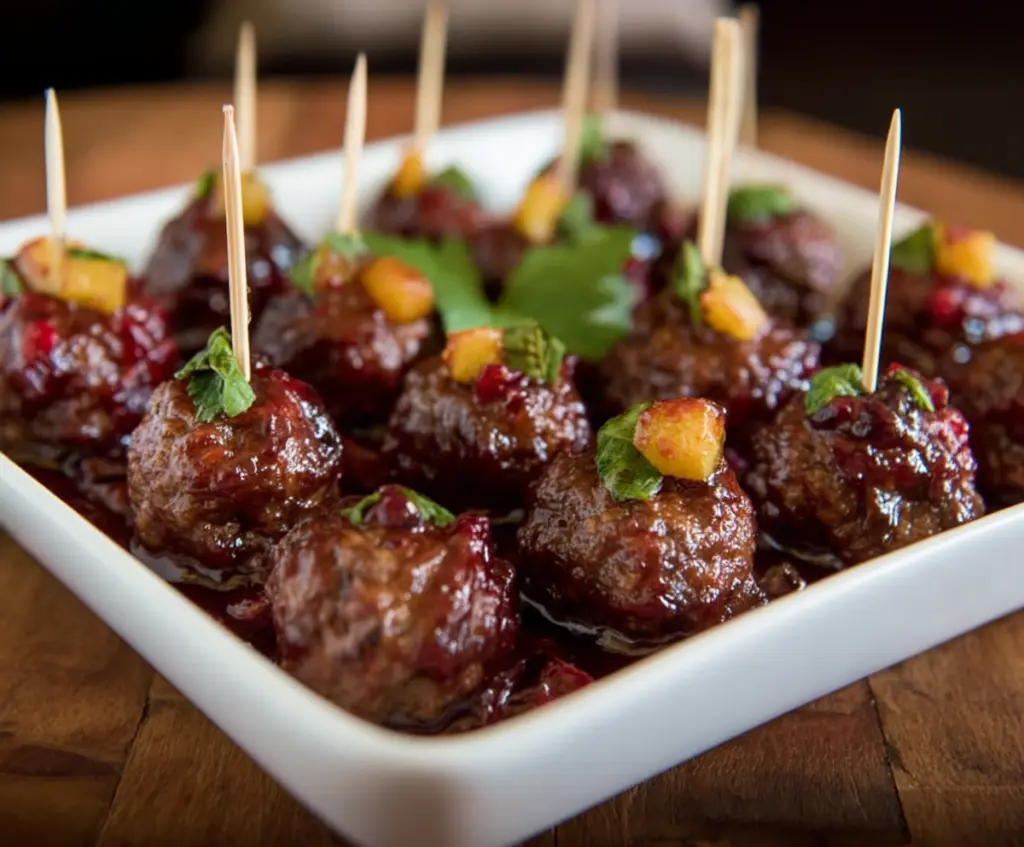 Cranberry Chipotle Cocktail Meatballs served as an appetizer on a platter with garnishes.