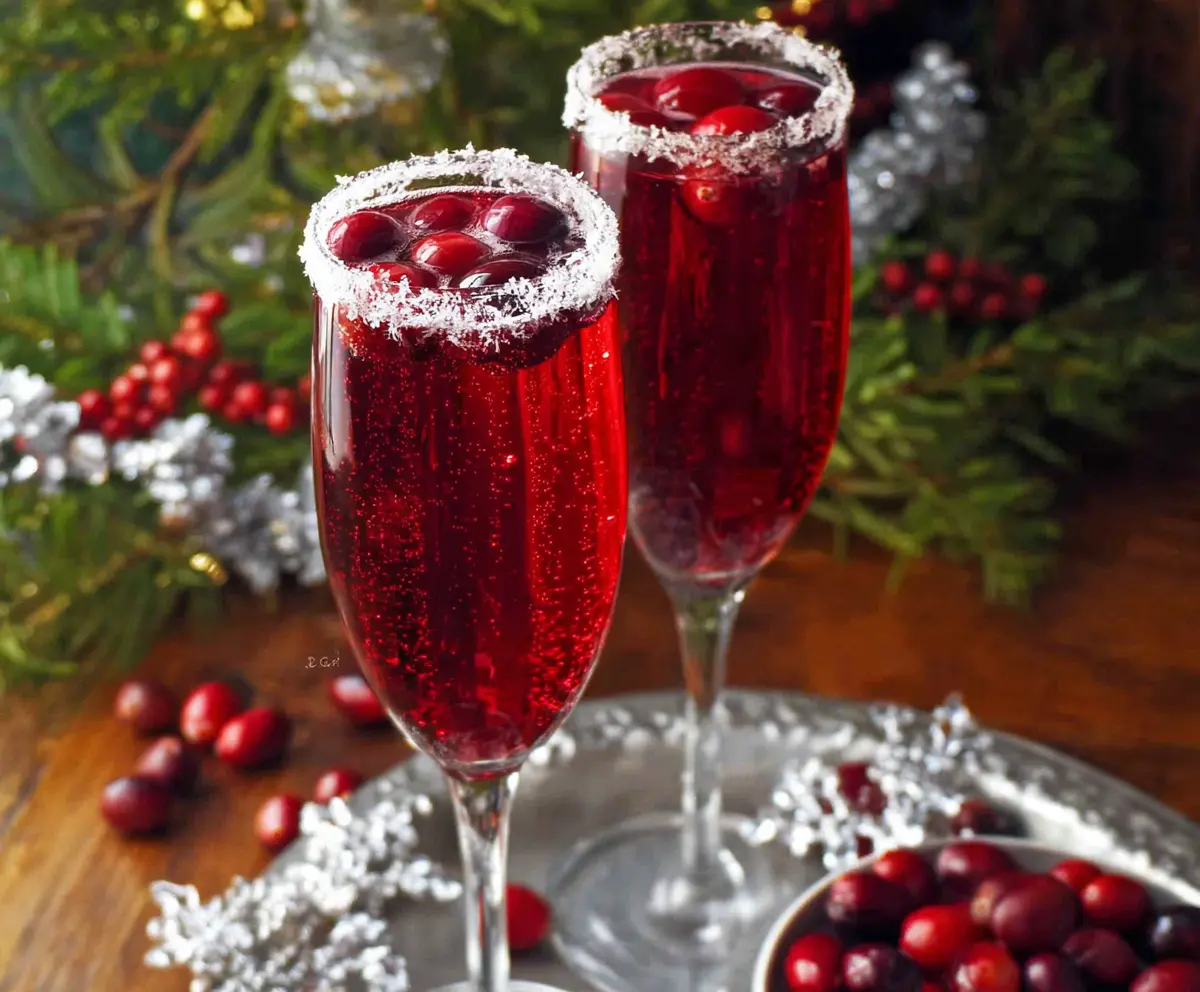 Festive Cranberry Christmas Mimosa cocktail garnished with fresh cranberries and orange slices for holiday celebration.