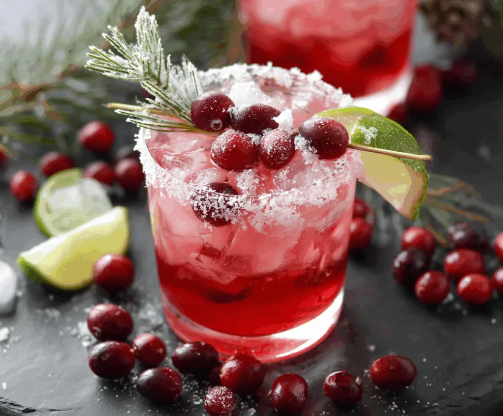 Bright and festive cranberry margarita garnished with fresh cranberries and lime wedge, perfect for holiday gatherings.