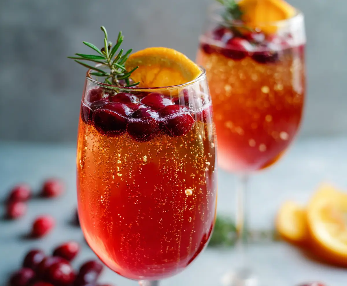 Refreshing Cranberry Orange Prosecco Cocktail in a elegant glass garnished with fresh cranberries and orange slices.