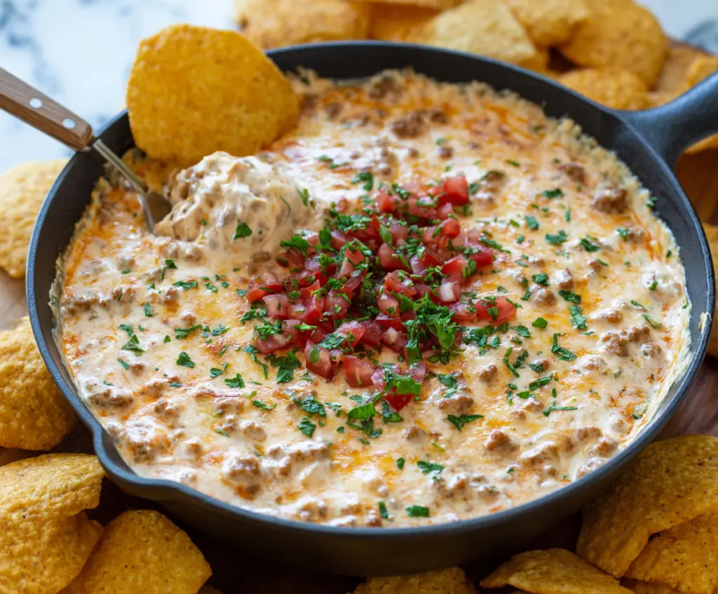 Cream Cheese Sausage Dip served in a bowl with fresh herbs, perfect for parties and gatherings.