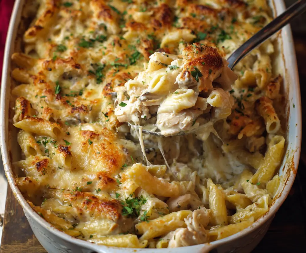 Delicious creamy chicken Alfredo pasta bake topped with melted cheese, perfect for a comforting meal.