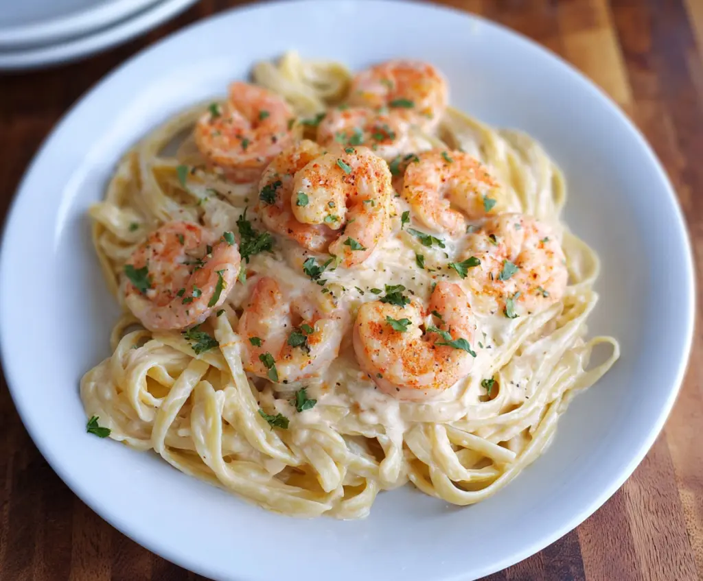 Creamy garlic Parmesan shrimp pasta dish with tender shrimp and al dente noodles in a rich sauce
