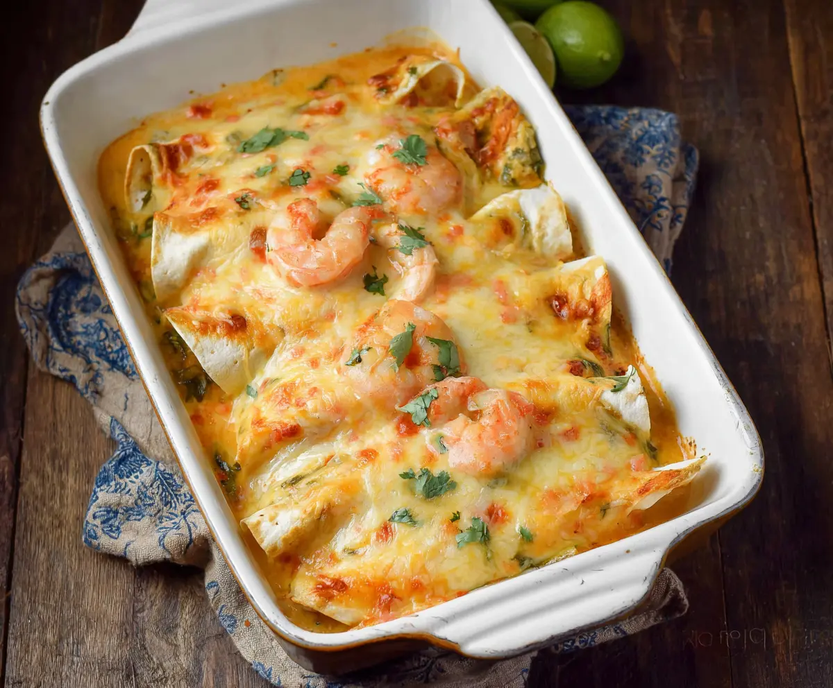 Delicious creamy shrimp enchiladas topped with melted cheese and fresh cilantro.