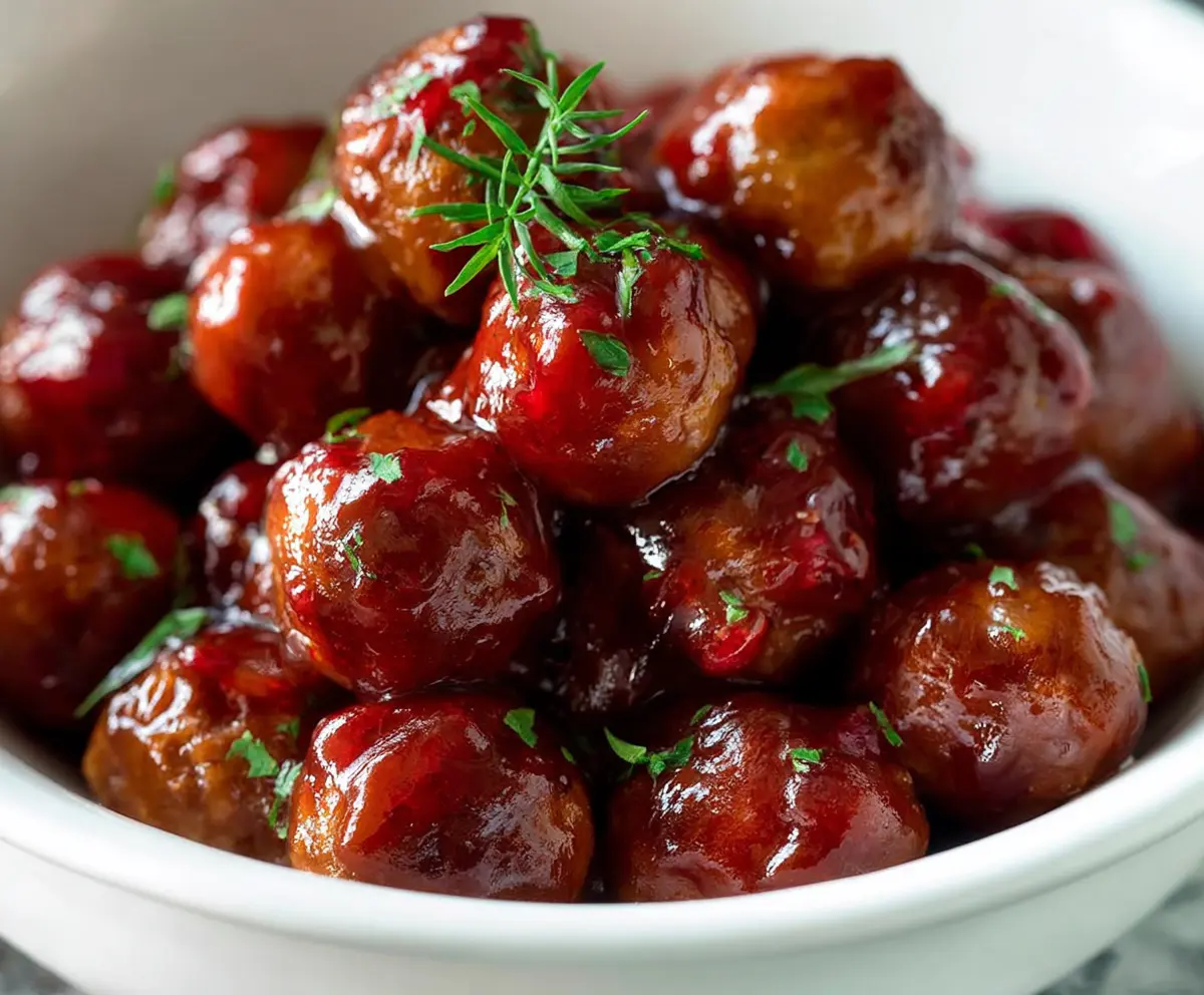 Delicious homemade crockpot cranberry meatballs served on a white plate with fresh herbs.