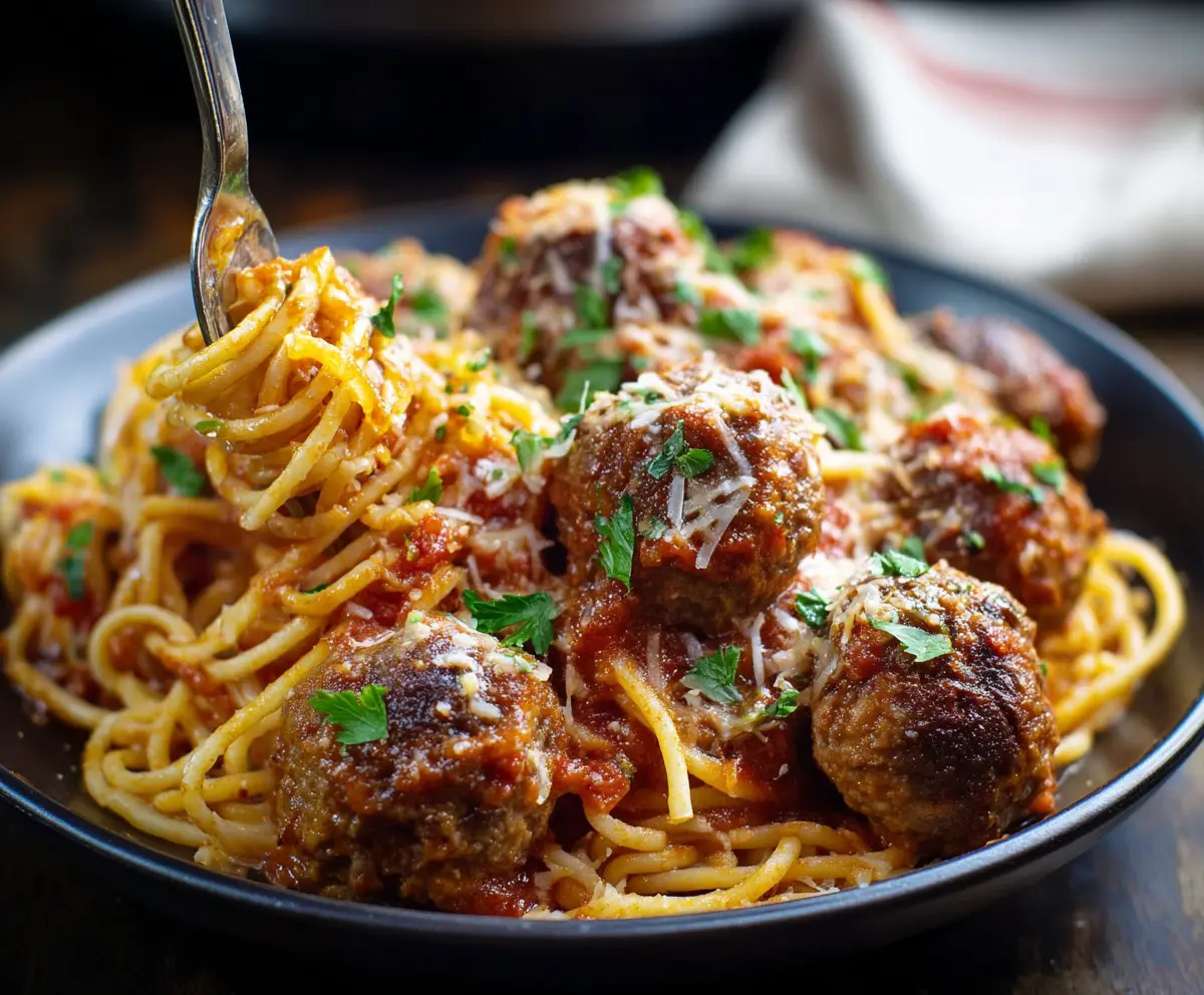 Delicious homemade crockpot spaghetti with meatballs, perfect for a comforting family dinner.