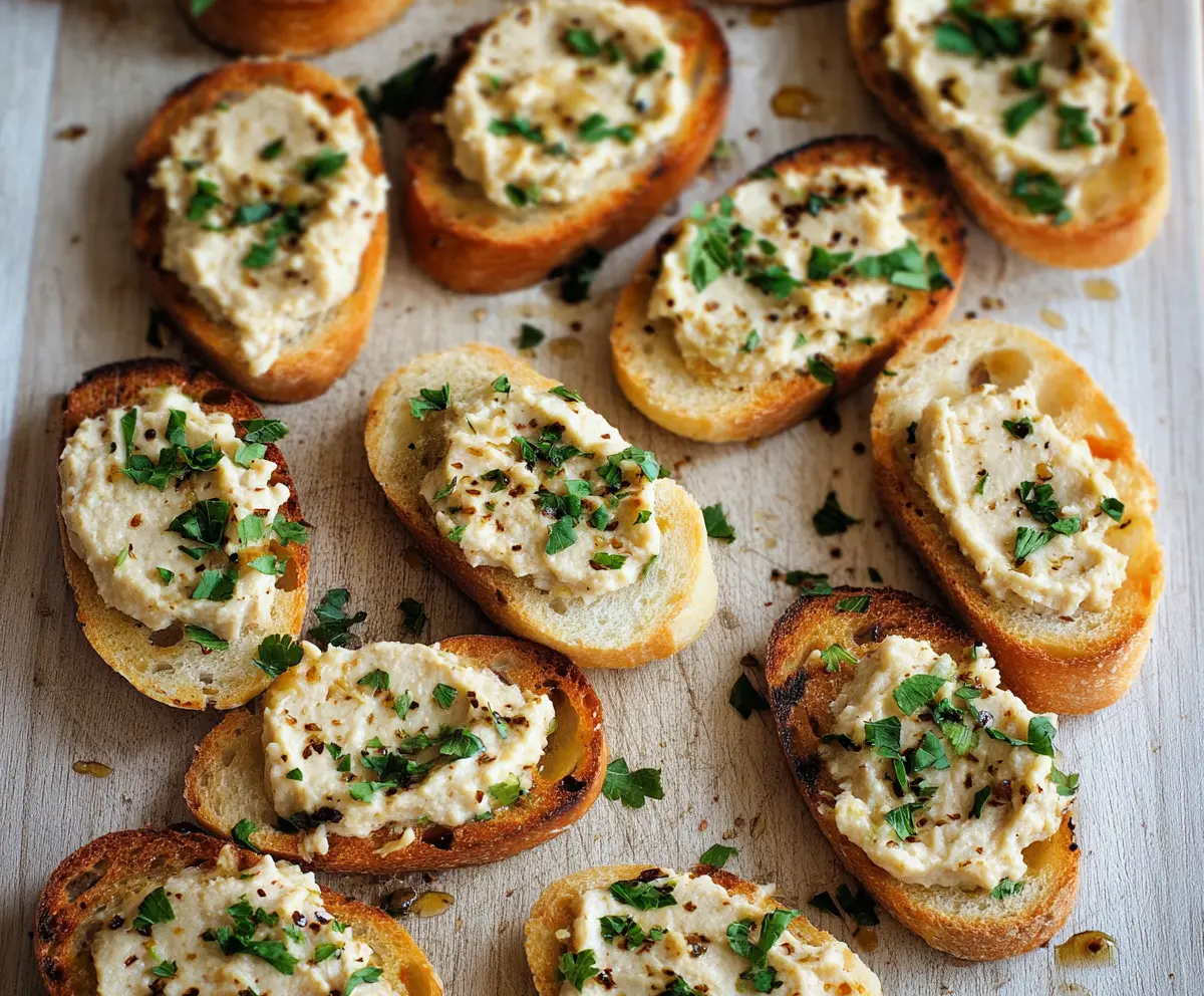 Delicious crostini topped with creamy white bean spread and fresh herbs.