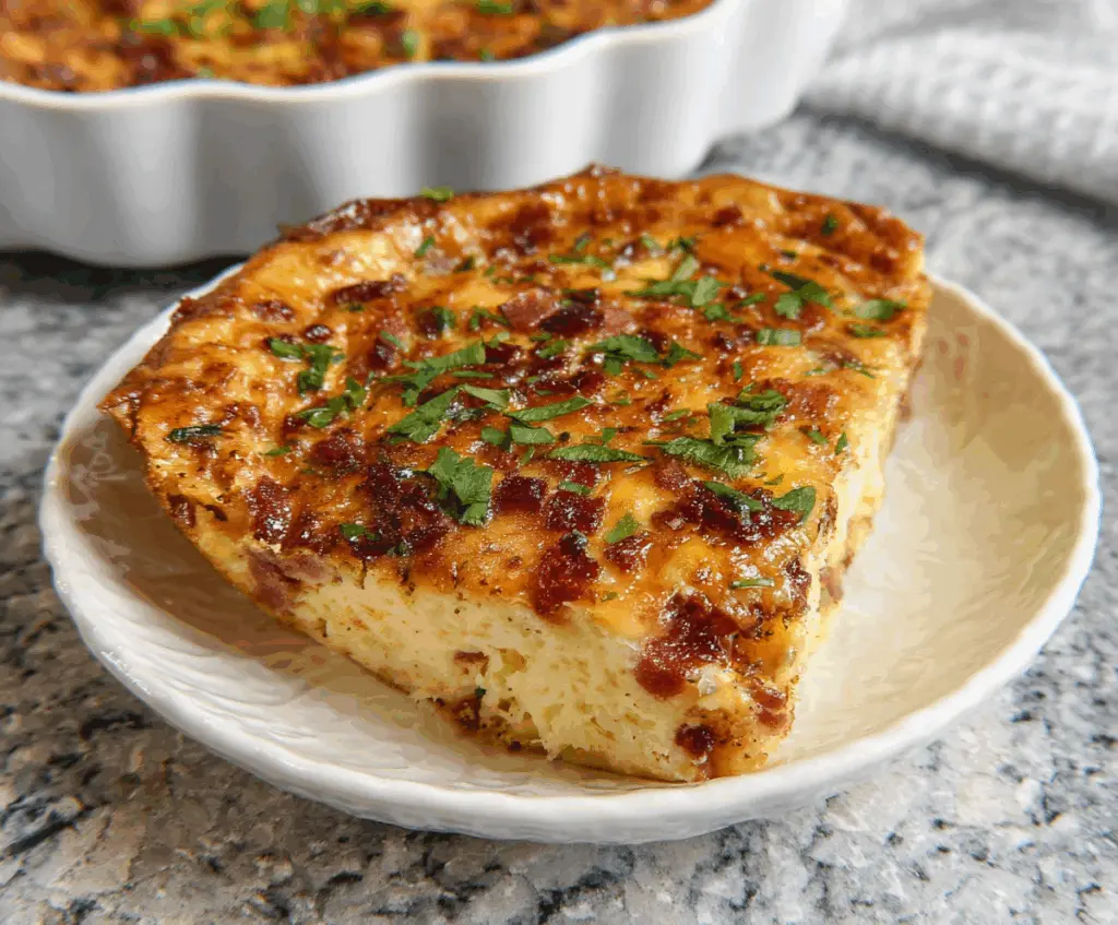 Delicious crustless bacon and cheese quiche on a plate, perfect for breakfast or brunch.