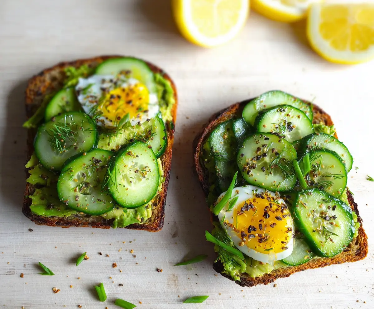 Delicious cucumber and avocado toast on whole grain bread, topped with fresh herbs.
