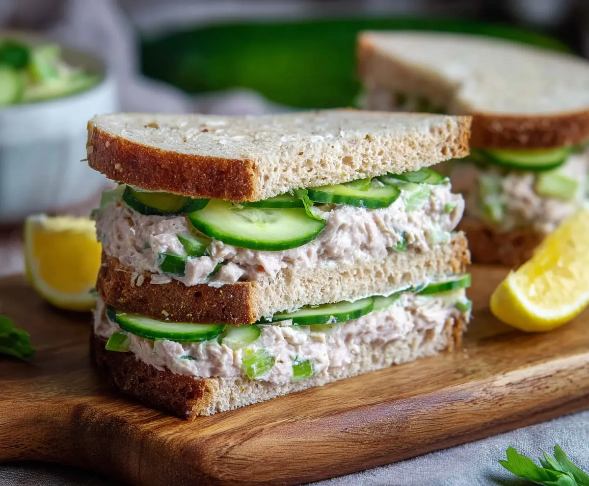 Delicious Cucumber Tuna Sandwich on whole grain bread with fresh vegetables