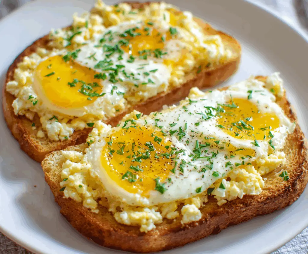 Delicious crispy egg toast topped with melted cheese and herbs on a rustic plate