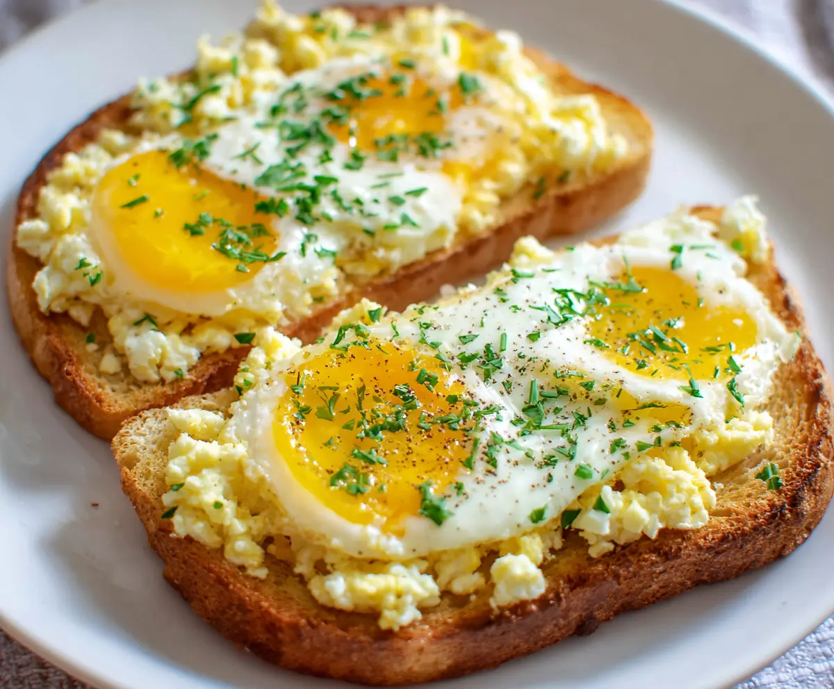 Delicious crispy egg toast topped with melted cheese and herbs on a rustic plate