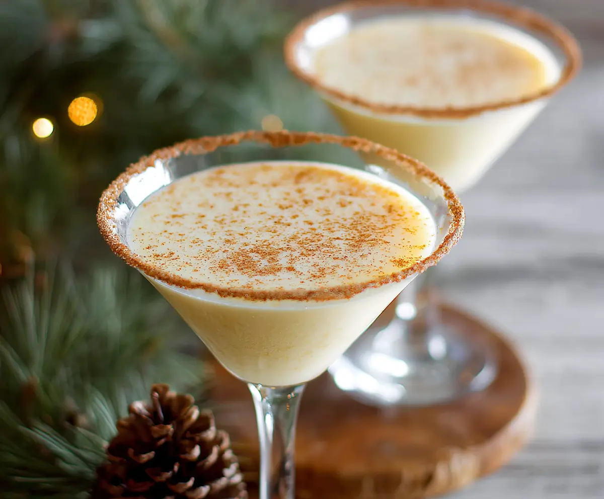 Creamy Eggnog Martini in a chilled glass garnished with nutmeg for a festive holiday cocktail