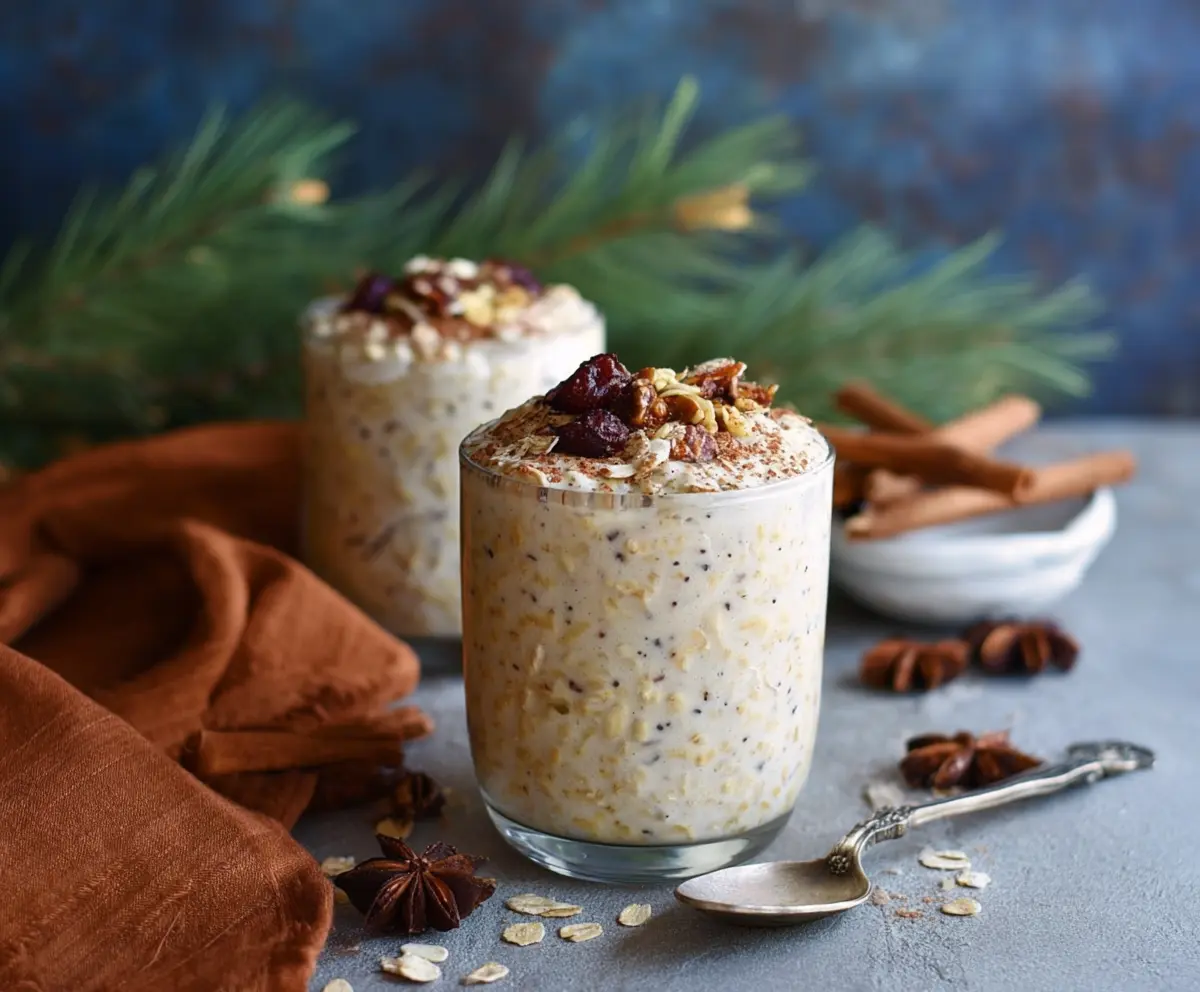 Creamy Eggnog Overnight Oats topped with nutmeg and whipped cream, perfect for a festive breakfast.
