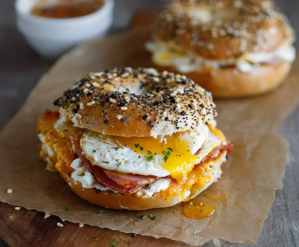 Delicious everything bagel breakfast sandwich with eggs, cheese, and bacon on a toasted bagel.