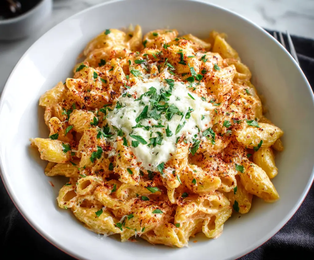 Creamy four cheese pasta dish with melted cheese and pasta served on a plate