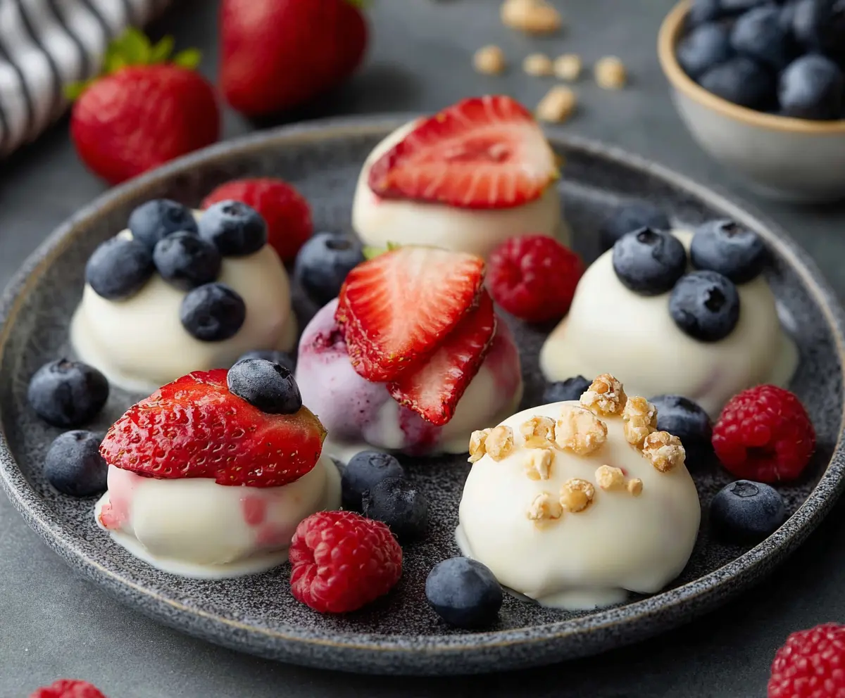 Mini frozen yogurt bites with colorful toppings served on a white plate.