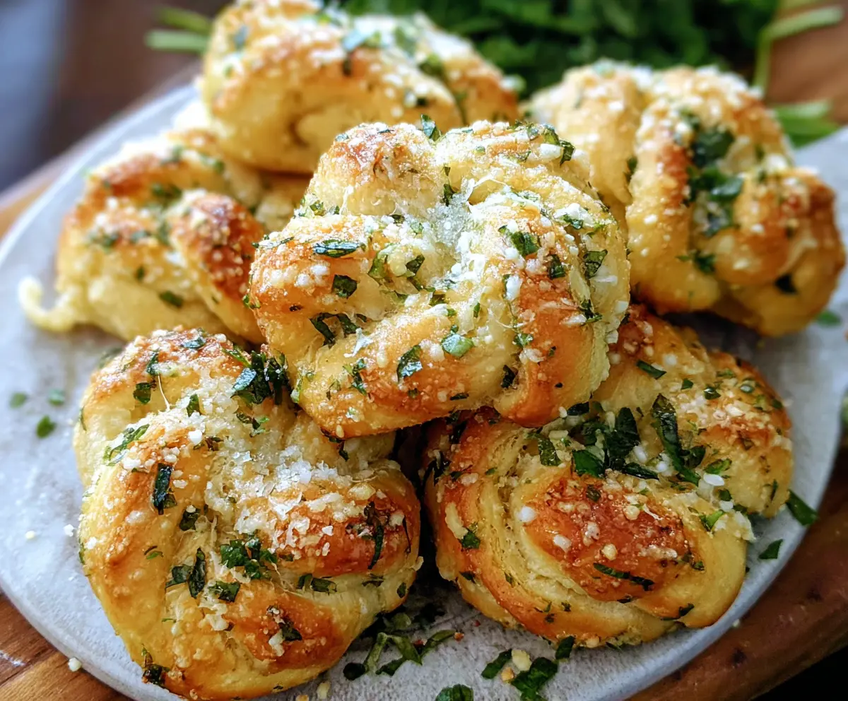 Golden garlic Parmesan knots fresh out of the oven, perfect for sharing at a dinner party.