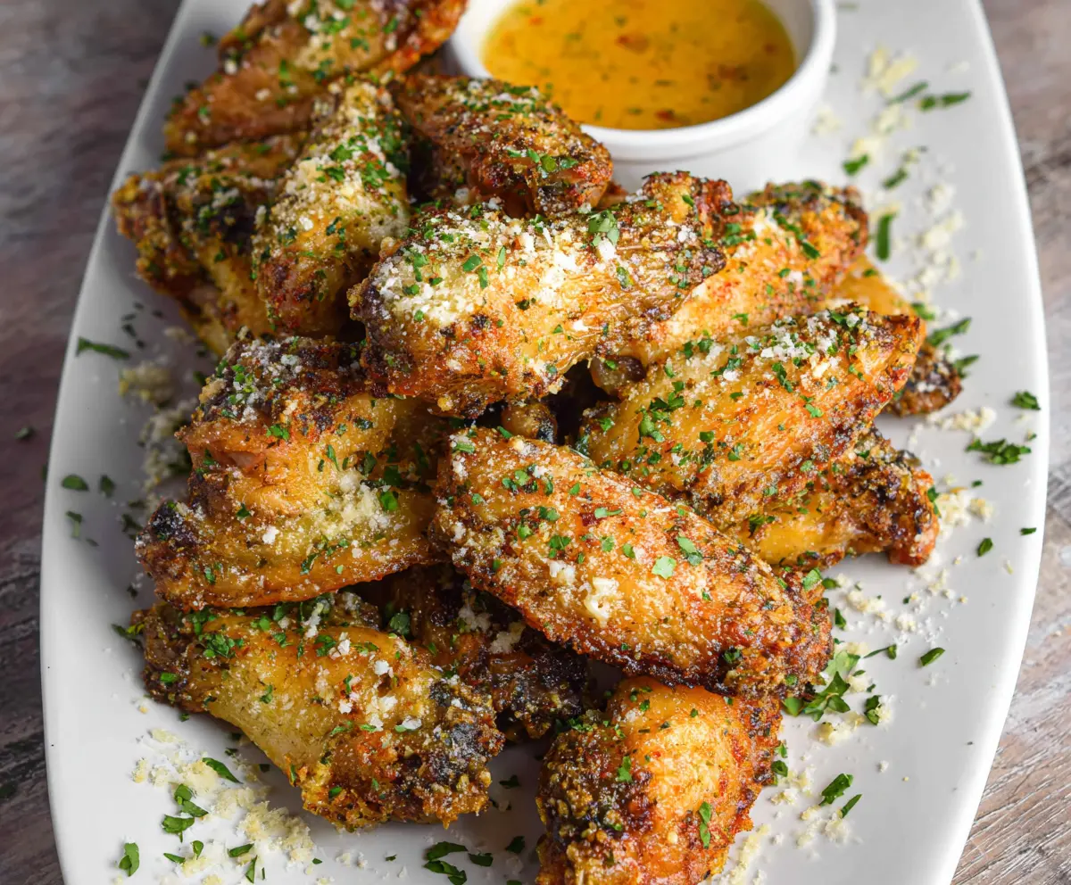 Juicy garlic parmesan wings garnished with fresh herbs on a white plate.