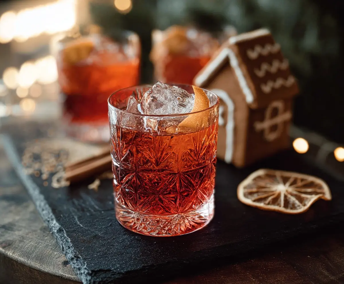 A glass of Gingerbread Negroni cocktail garnished with a cinnamon stick and ginger slice on a festive holiday table.