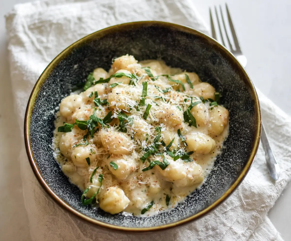 Delicious homemade gnocchi Alfredo dish with creamy sauce and fresh herbs