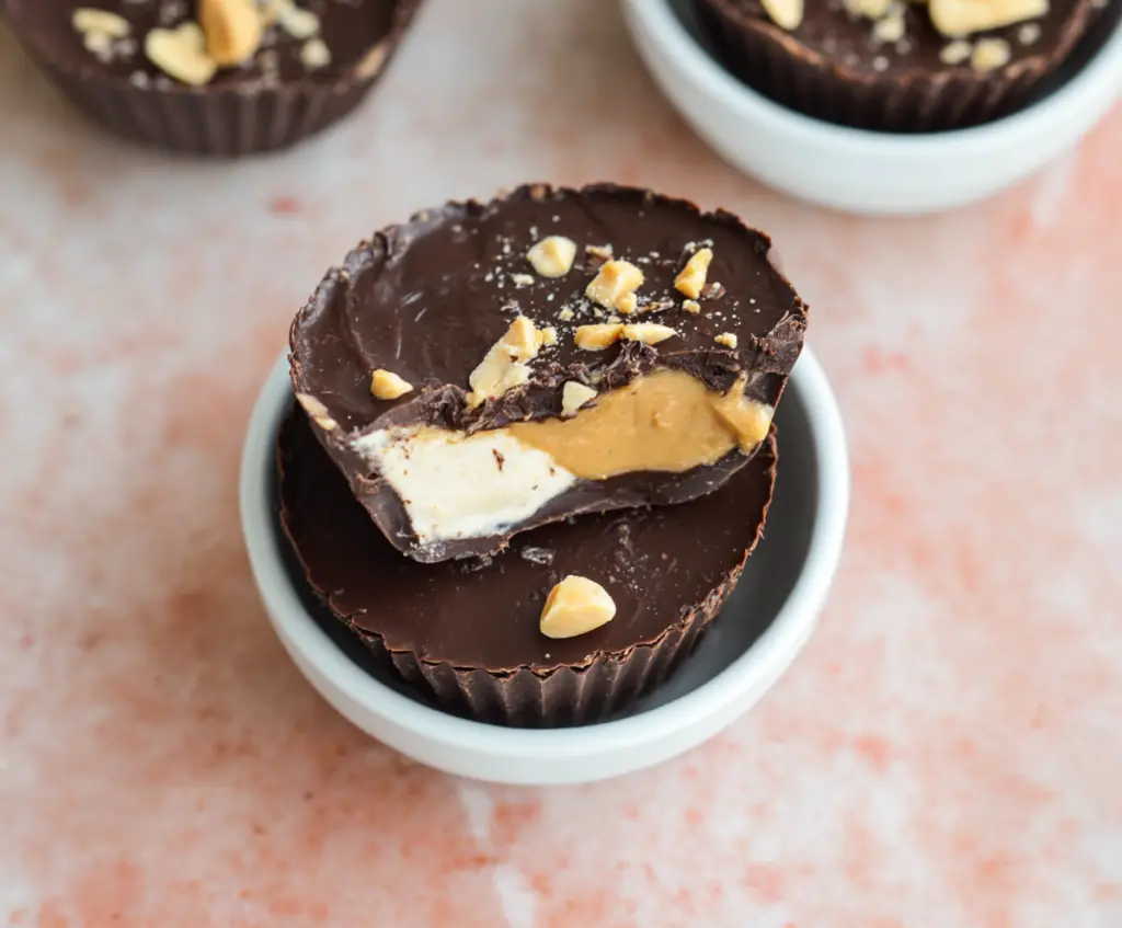 Delicious Greek Yogurt Peanut Butter Cups on a white plate with melted chocolate and crunchy peanuts