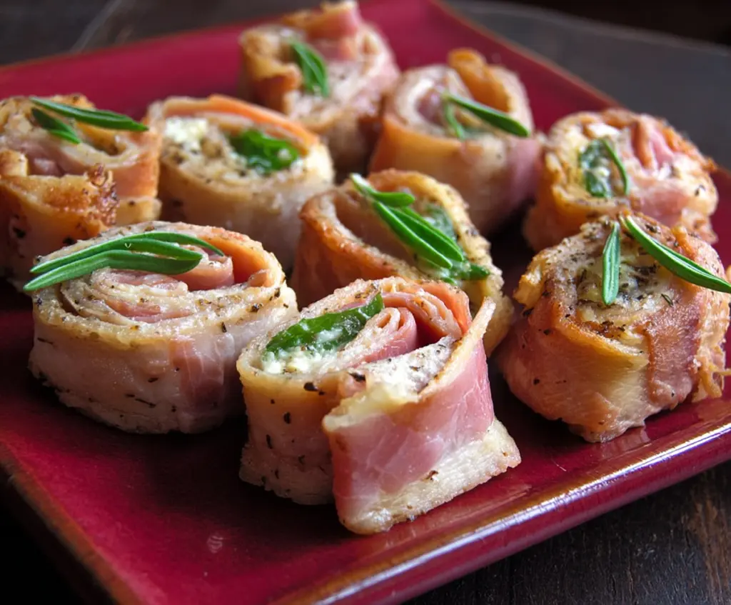 Delicious ham roll ups with cheese and herbs, perfect for appetizer or snack.