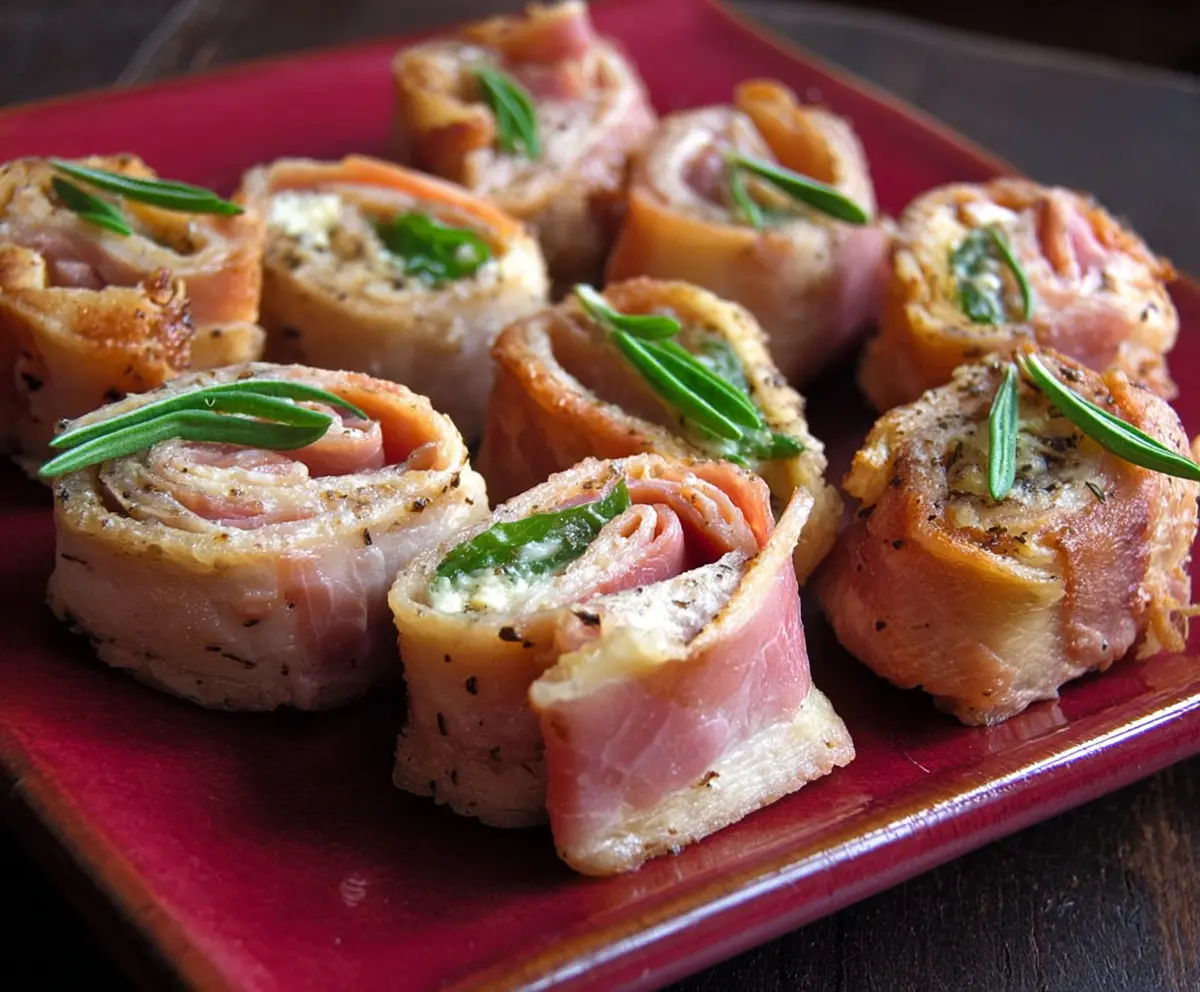 Delicious ham roll ups with cheese and herbs, perfect for appetizer or snack.