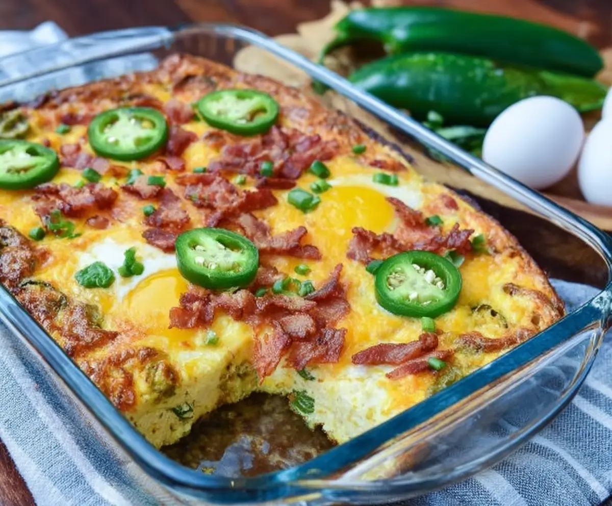 Delicious Jalapeño Popper Breakfast Casserole with melted cheese and spicy jalapeños.