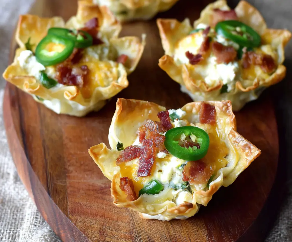 Delicious Jalapeno Popper Wonton Cups filled with cream cheese and spicy jalapenos, perfect for appetizers.