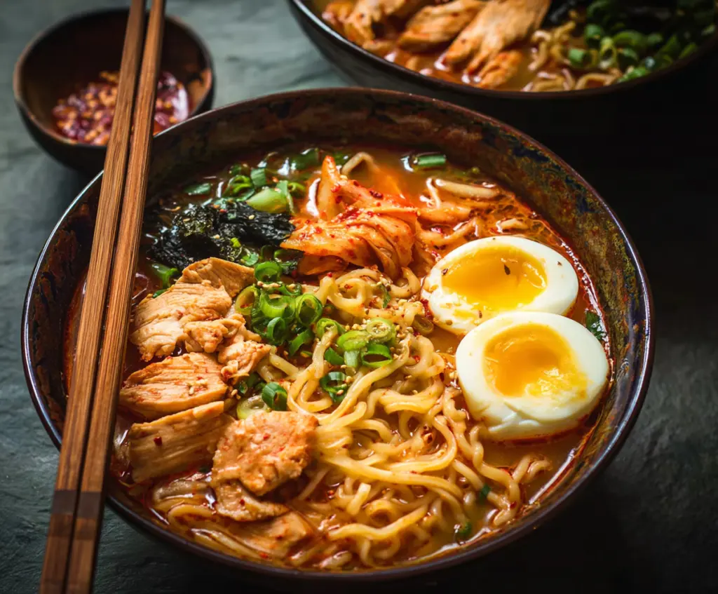Warm Korean ramen noodles served in a bowl with sliced vegetables and savory broth.