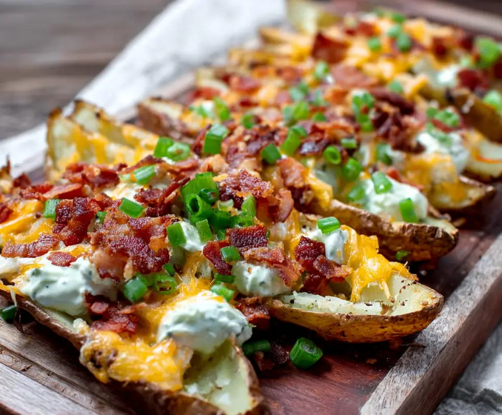 Delicious loaded baked potato wedges topped with cheese, sour cream, and chives.