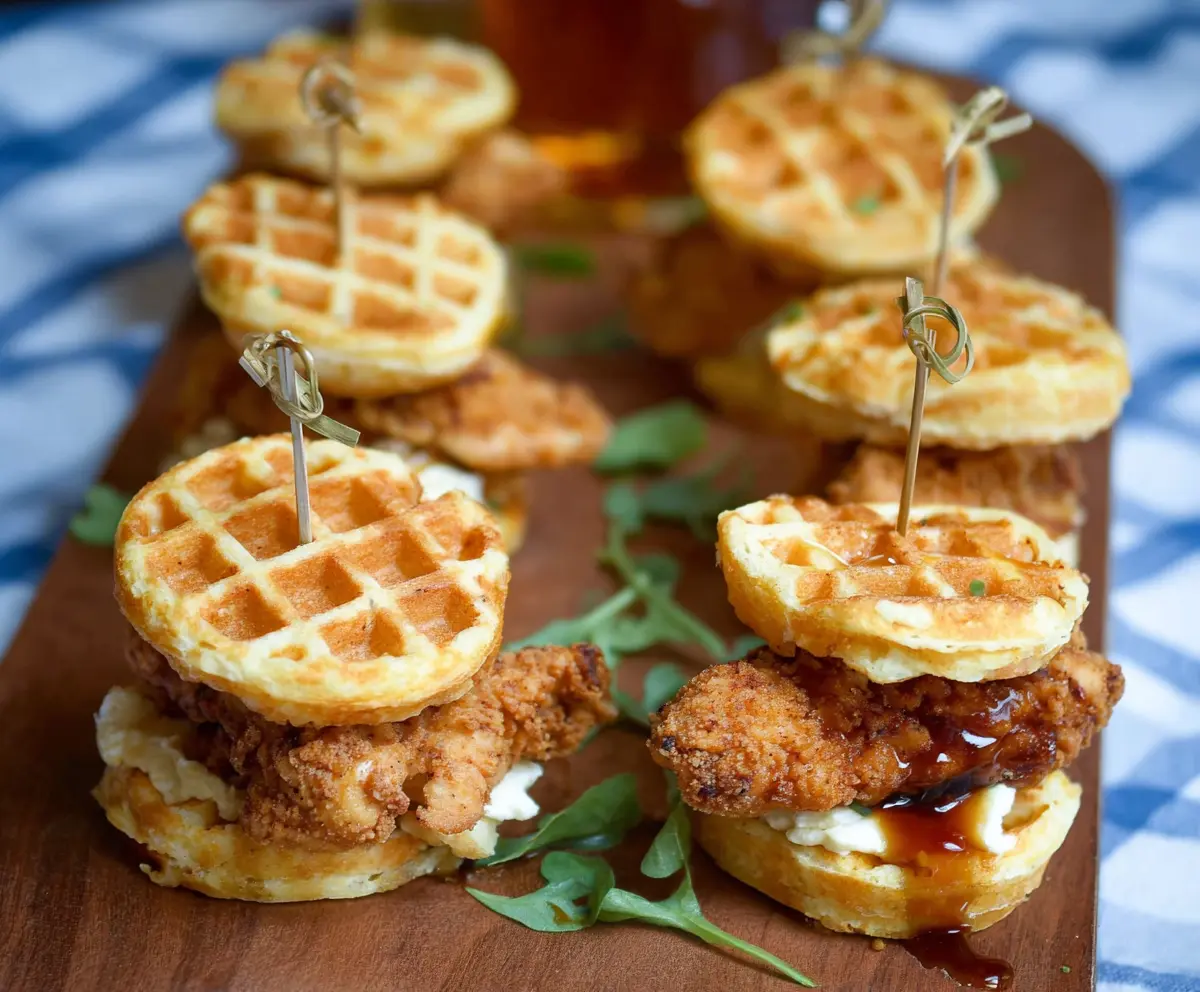 Delicious mini chicken and waffle sliders served on a platter for brunch or dinner.