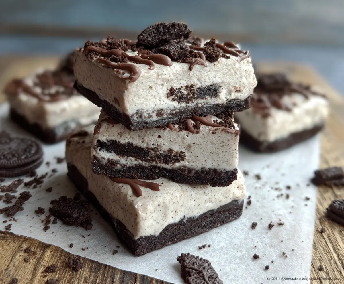 Delicious no bake Oreo protein bars on a plate, perfect for a healthy snack.