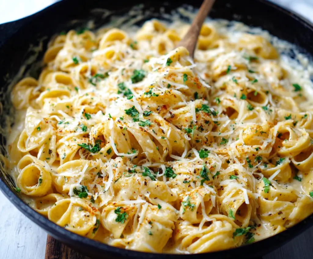 Delicious one-pan garlic Parmesan pasta garnished with fresh herbs on a rustic wooden table.