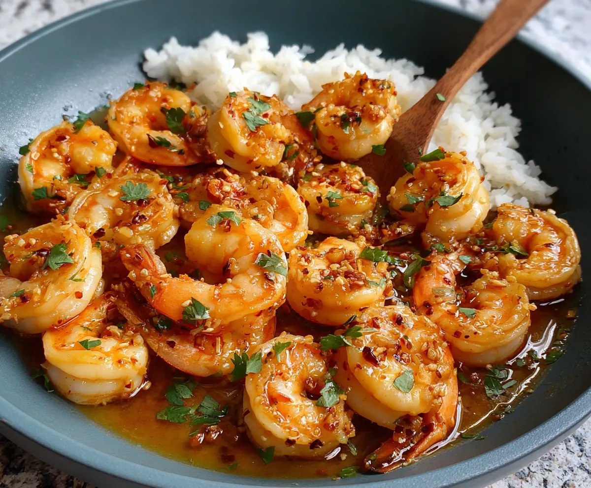 Delicious orange honey garlic shrimp served on a plate with fresh herbs.