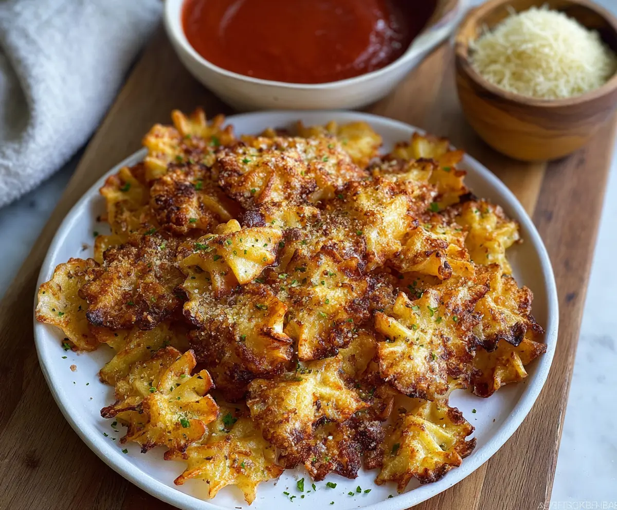 Oven baked cheesy pasta chips served on a plate, crispy and golden brown, perfect snack for sharing.