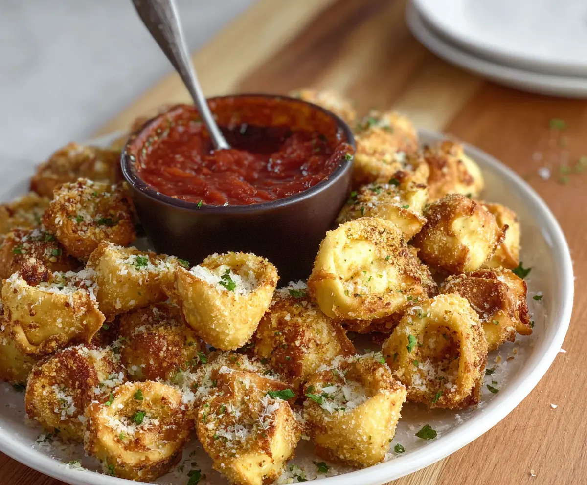 Golden Parmesan crusted tortellini bites served with fresh herbs, perfect for appetizers or snacks.