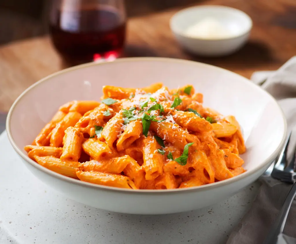 Creamy Pasta Alla Vodka dish with penne pasta, tomato sauce, and fresh basil garnish.
