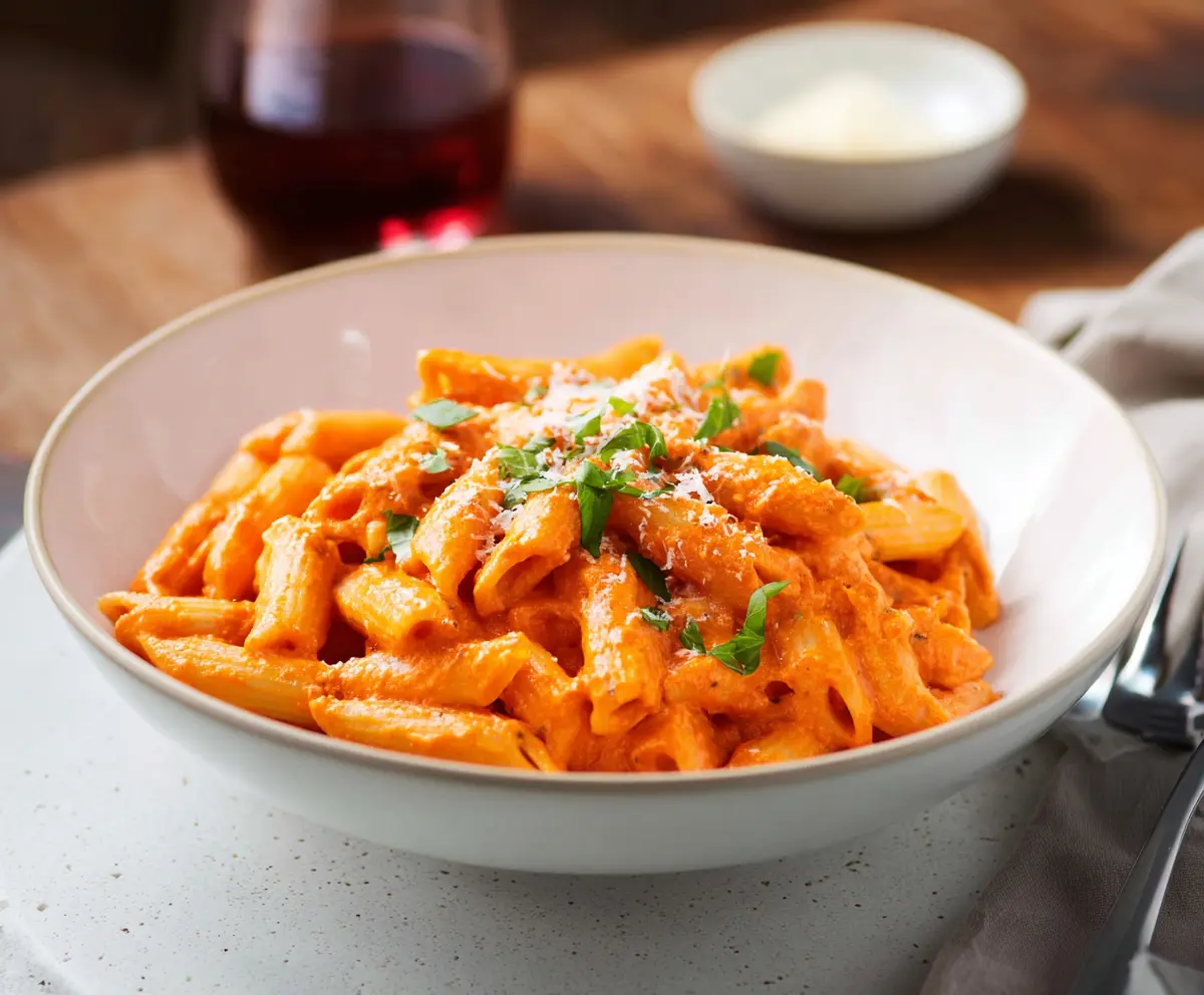 Creamy Pasta Alla Vodka dish with penne pasta, tomato sauce, and fresh basil garnish.