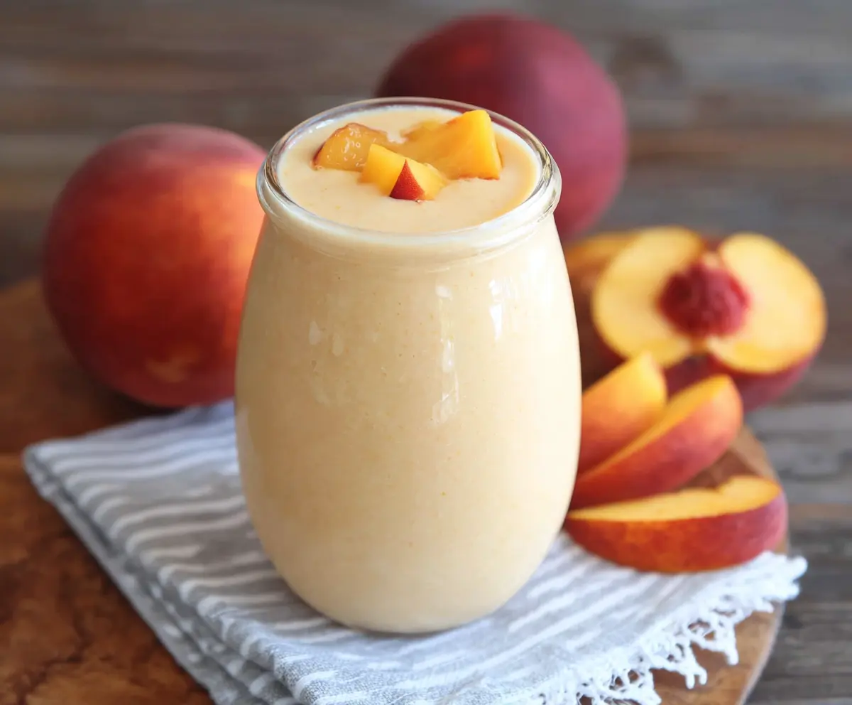 Creamy peach protein smoothie in a glass topped with fresh peach slices, perfect for a healthy breakfast or post-workout recovery.