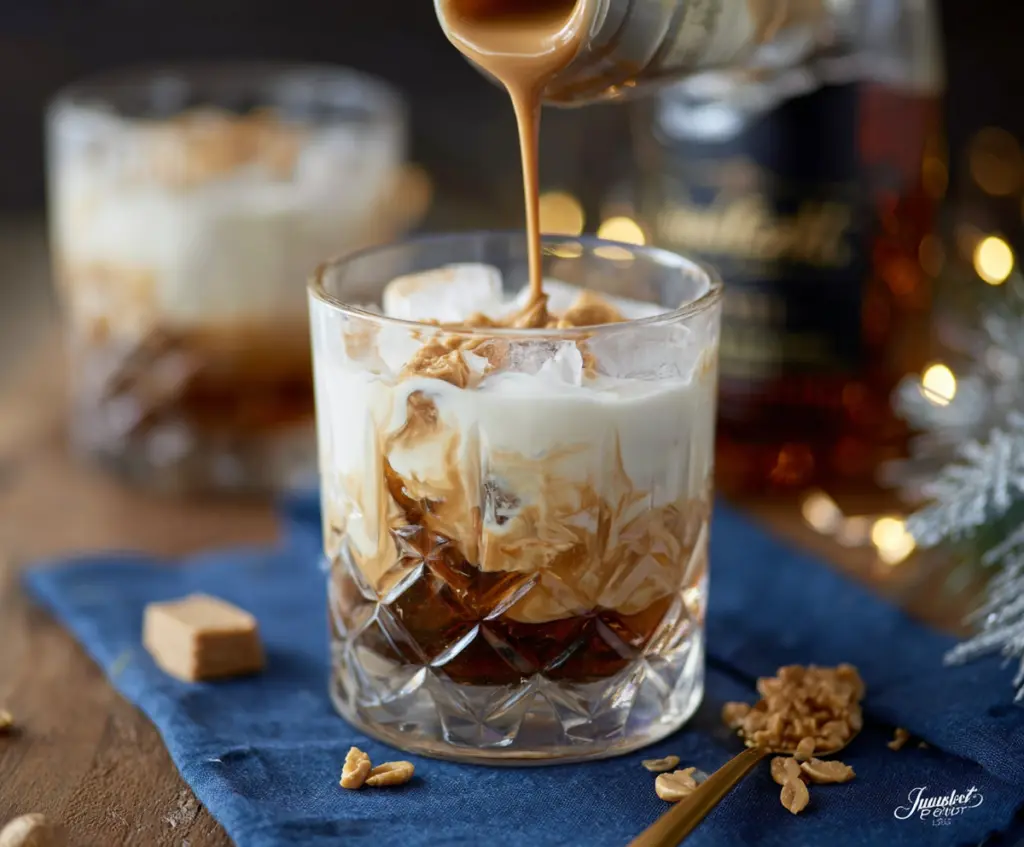 Creamy Peanut Butter White Russian cocktail with whipped cream and a cherry on top, perfect for Christmas celebrations.