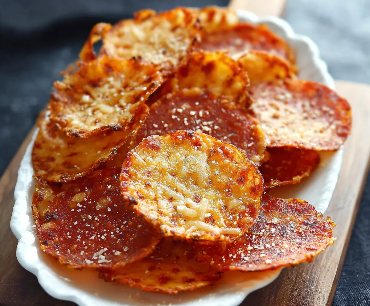 Crunchy pepperoni and cheese chips served with a savory snack appeal.