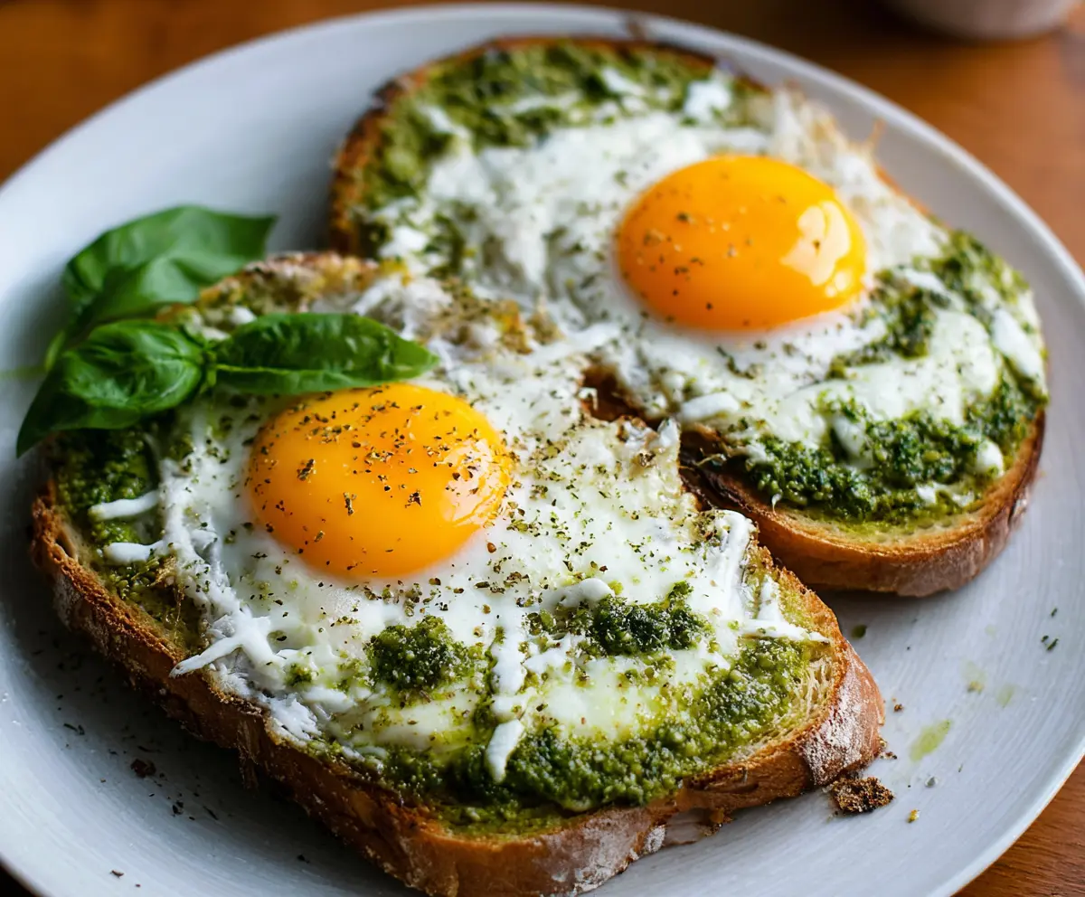 Delicious pesto egg toast with fresh herbs and toasted bread, perfect for breakfast or brunch.
