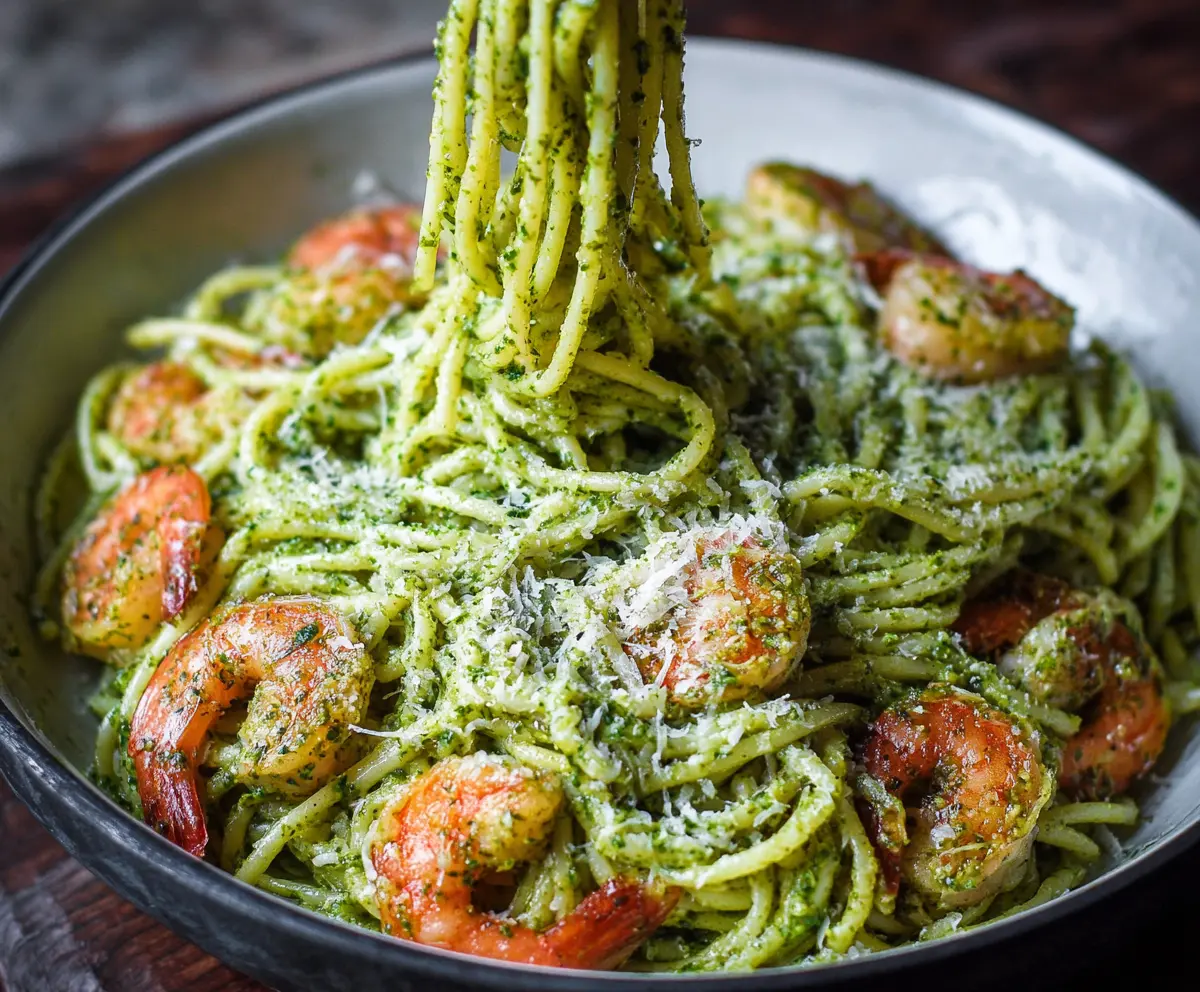 Delicious pesto shrimp pasta dish garnished with fresh basil and grated cheese