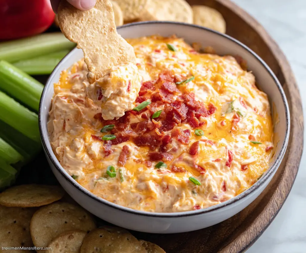 Creamy pimento cheese dip served with sliced baguette and crunchy vegetable sticks.