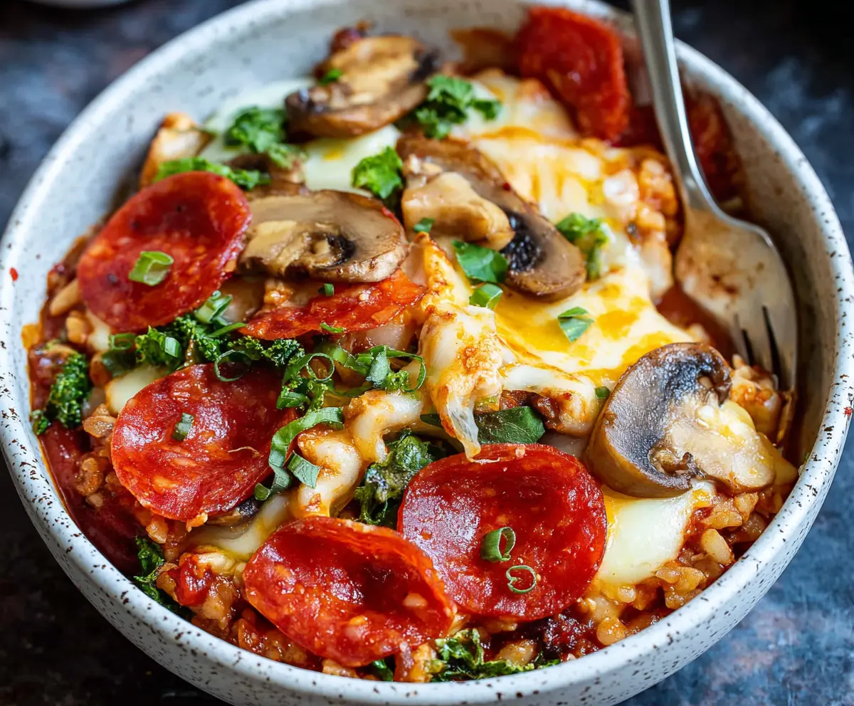 Healthy Pizza Protein Bowl with grilled chicken, vegetables, and cheese in a bowl